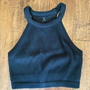 Aerie from American Eagle Ribbed High-Neck Crop Top Black Built in Bra Medium